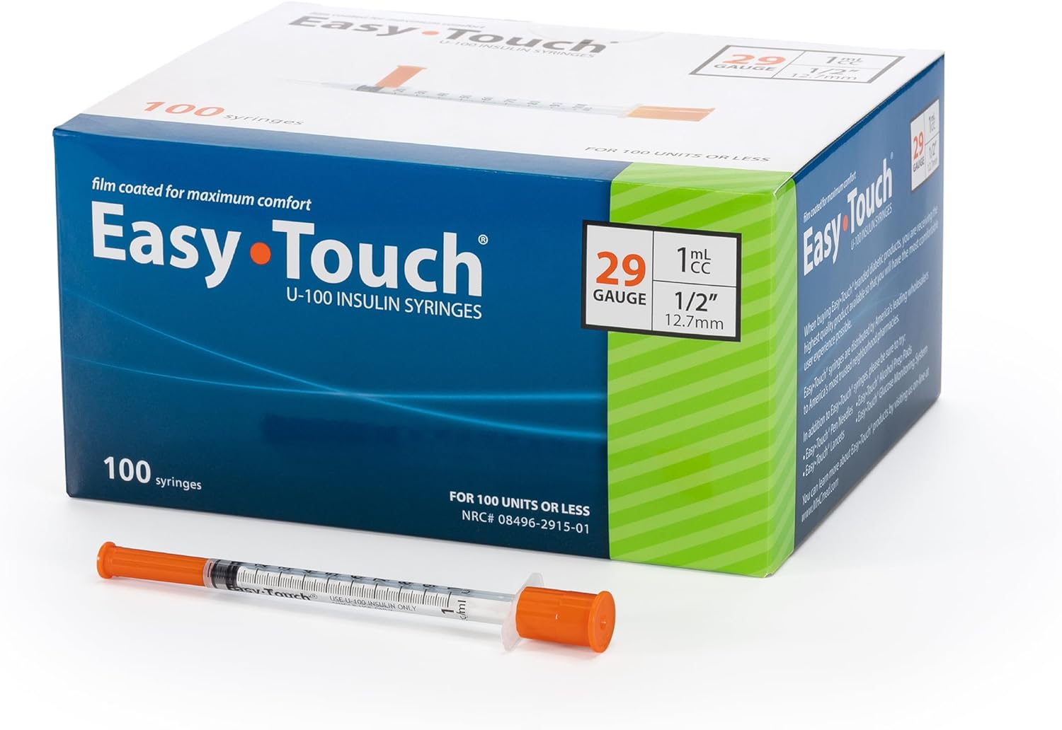 Easy Touch 29 Gauge U-100 Insulin Syringes (29G 1cc 1/2”) with 1/2” Long Needle, 1cc (100 Unit Capacity), Bold Markings for Accurate Dosing, Disposable, Box of 100