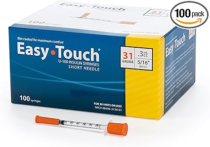 Easy Touch 31 Gauge U-100 Insulin Syringes (31G 0.3cc 5/16”) with 5/16” Short Needle, 0.3cc (30 Unit Capacity), Bold Markings for Accurate Dosing, Disposable, Box of 100
