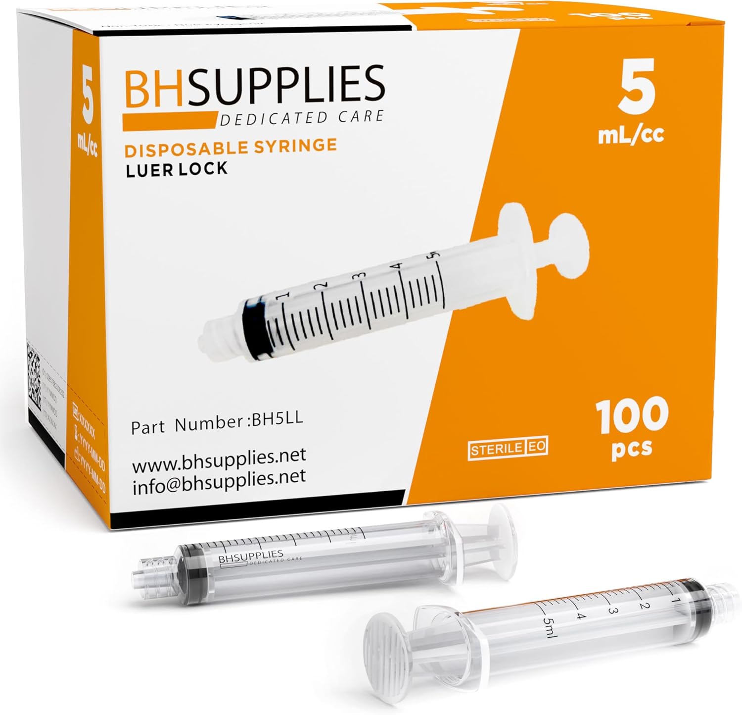 BH Supplies 5mL Luer Lock Tip Syringes (No Needle) - Sterile, Individually Wrapped - 100 Syringes