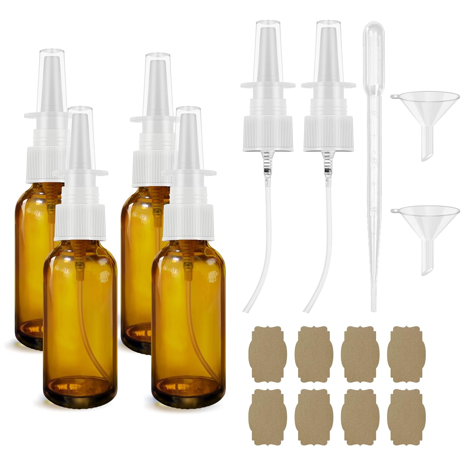 GIVAMEIHF Nasal Spray Bottle 4Pcs 1oz (30ml) with Press Spray Head Refillable Portable Fine Mist, 2 Funnel, 1 Dropper,Labels,Glass Nose Spray Bottle Empty