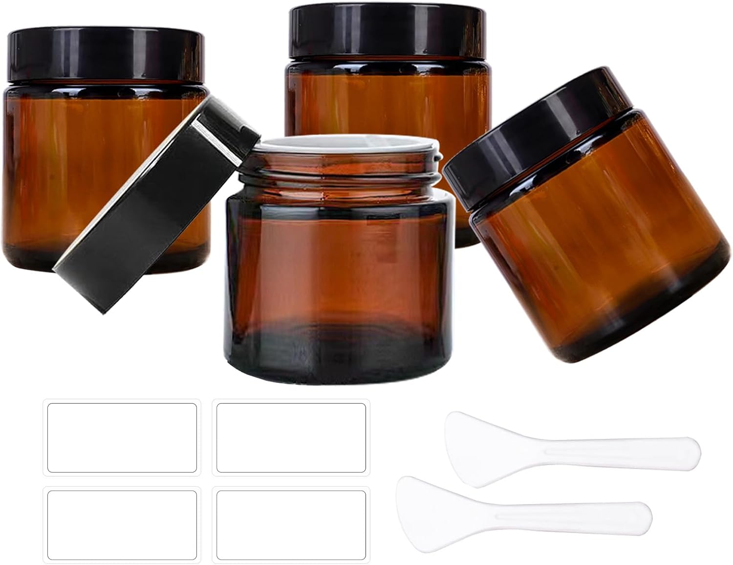 4 Pack 2 oz Amber Glass Jars with Lids,60ml Empty Round Glass Jar with Inner Liners and black Lids,Cosmetic Containers for Storing Cream,Ointments,Lotion (Amber - Black Lid)
