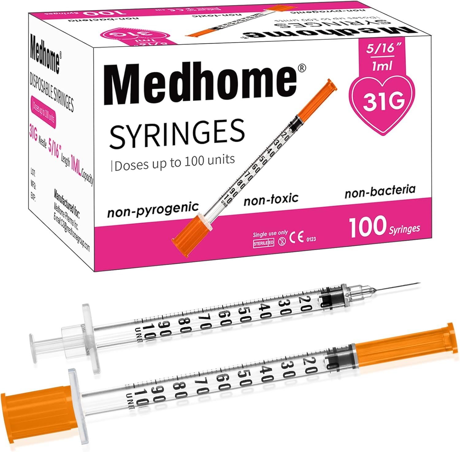 1ml 31G 5/16 Inch 8mm Syringe, Lab Syringes Individually Wrapped, Pack of 100, Medhome Store