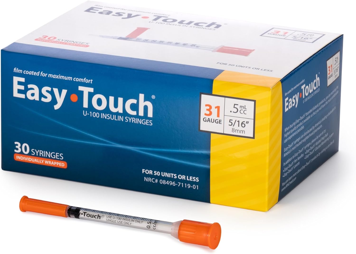 Easy Touch 31 Gauge U-100 Insulin Syringes (31G 0.5cc 5/16”) with 5/16” Short Needle, 0.5cc (50 Unit Capacity), Bold Markings for Accurate Dosing, Disposable, Box of 100