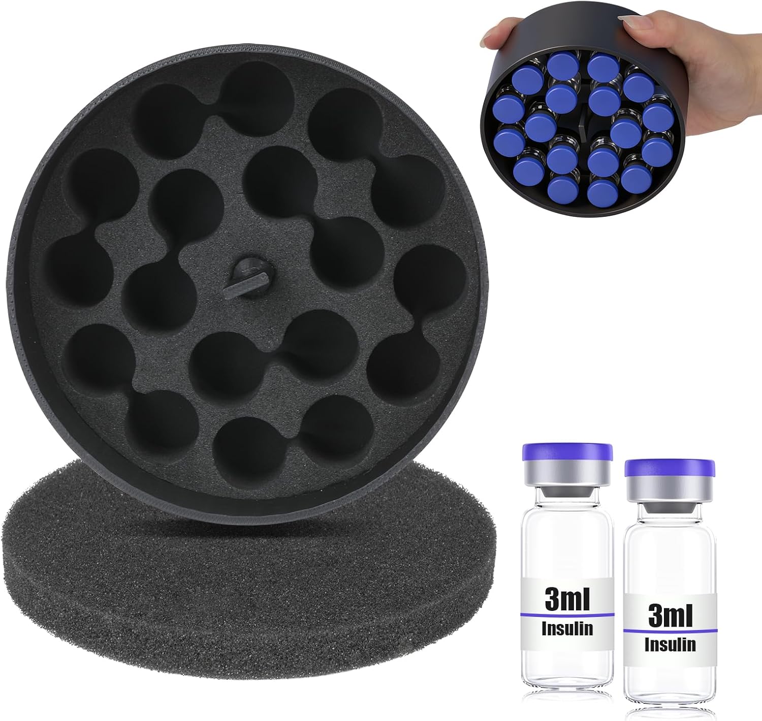 3ml Vial Insert Compatible with hydrapeak Food jar, Secure Upside-Down Design, EVA Custom Inserts for 3ml Insulin Vial, Peptide, Medication Vials, Maximum Hold 18 Vials(1 Tall)